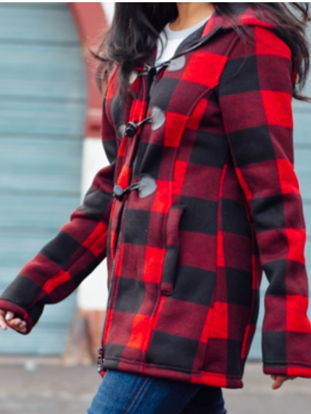 Madden Girl Red and Black Plaid Toggle Pea Coat